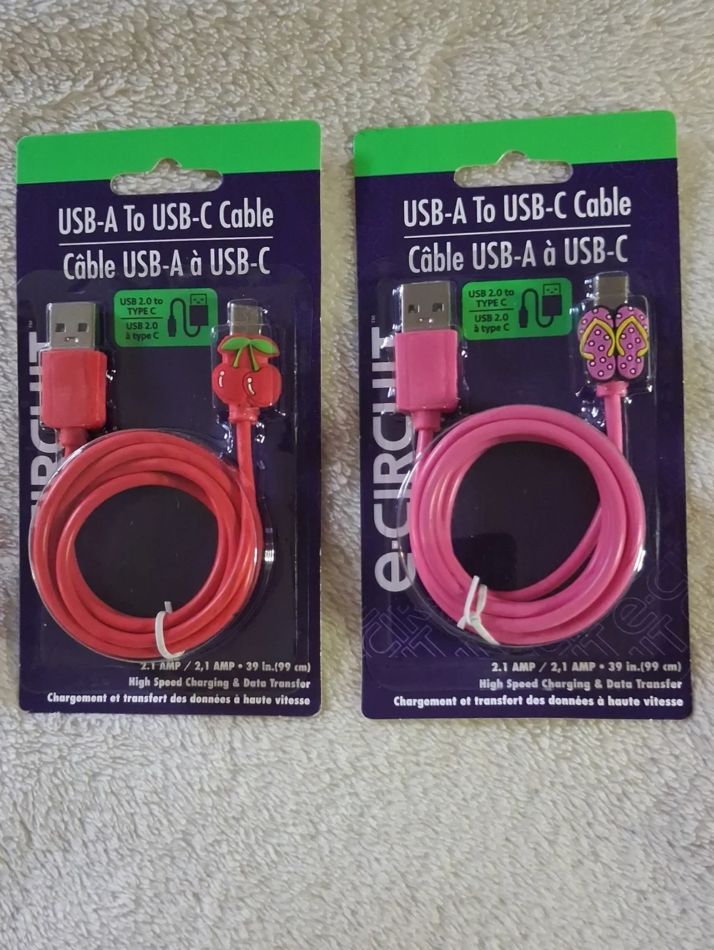 2 USB-A to USB-C Decorative Cable - Red Cherries and Pink Flip Flops Brand New